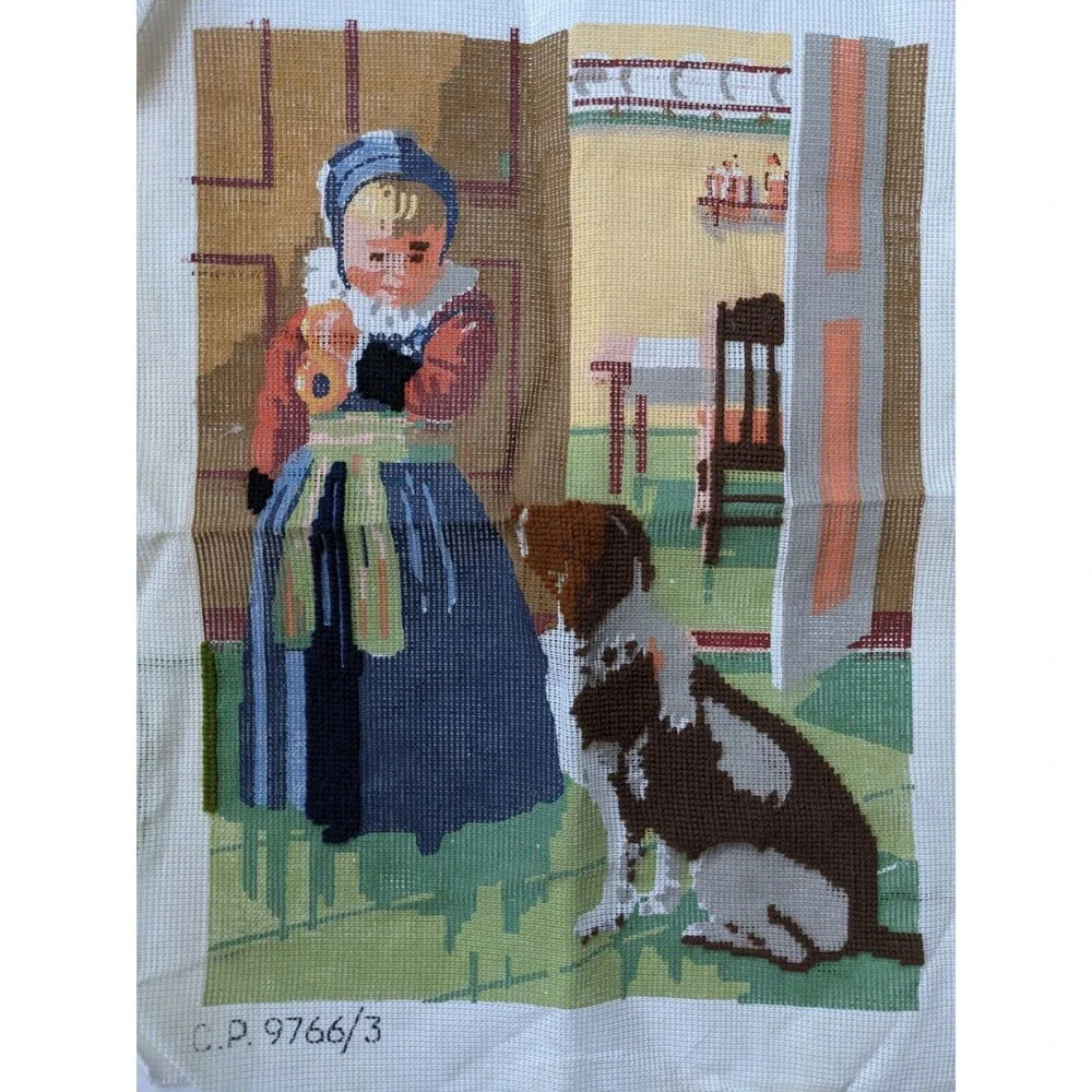 Vintage Needlepoint Canvas Dutch‎ Girl with Dog Irish Setter **STARTED**